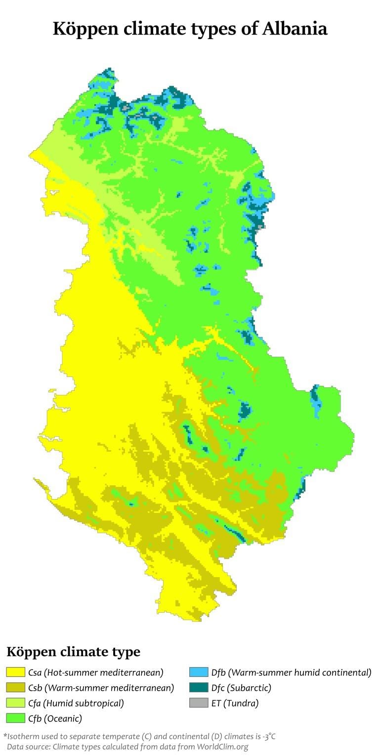 ನಕ್ಷೆ ಅಲ್ಬೇನಿಯಾ ಹವಾಮಾನ